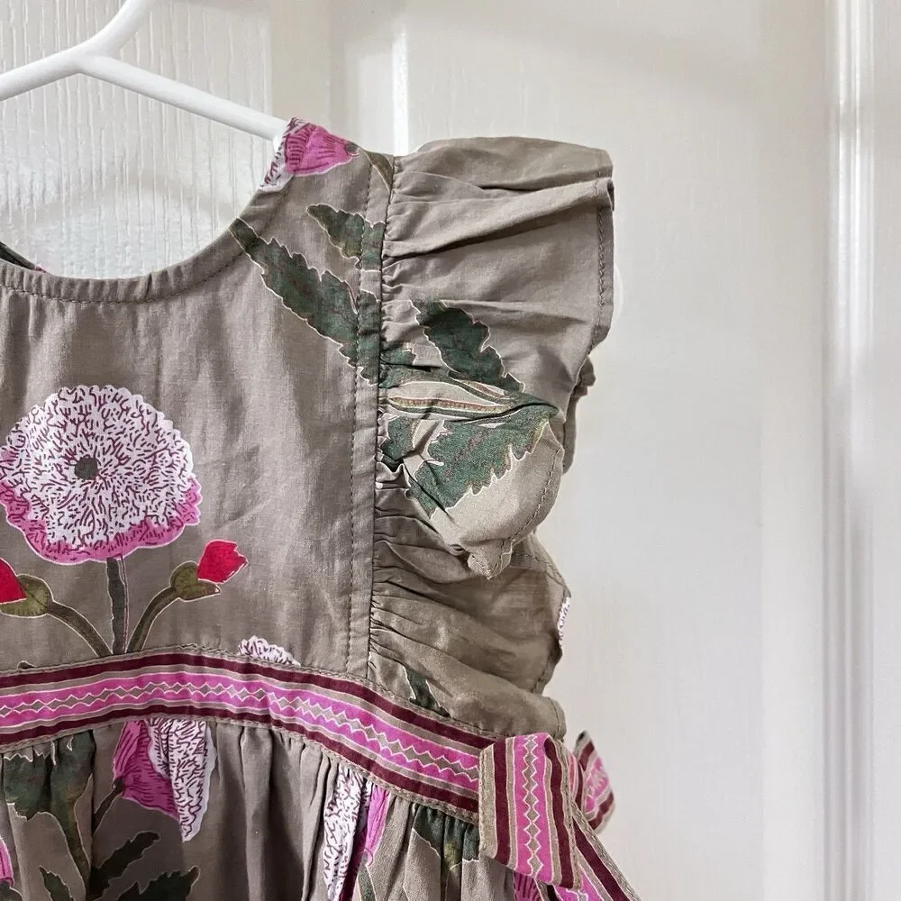 Pink Chicken Olive Green Floral Romper Side Bows Cotton Girls Size 6-12 Months